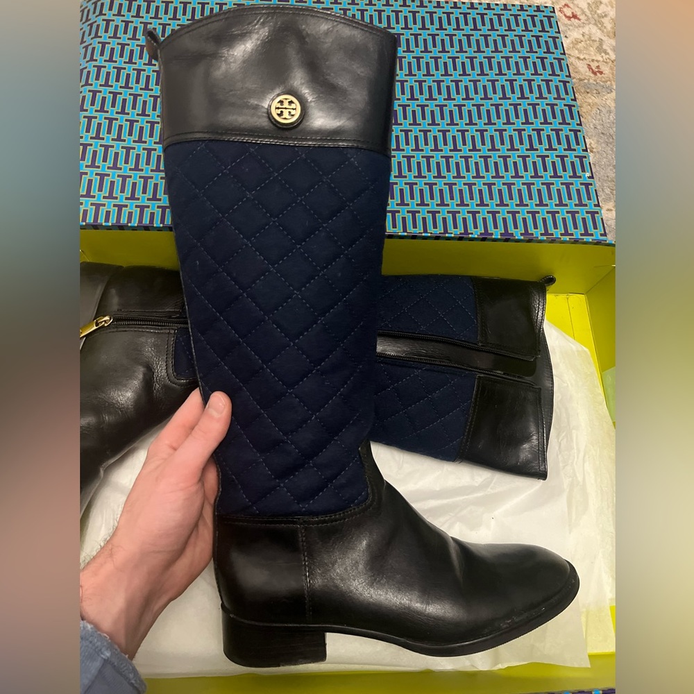 RARE Tory Burch Black and Navy Quilted Riding Boots -HARD TO FIND